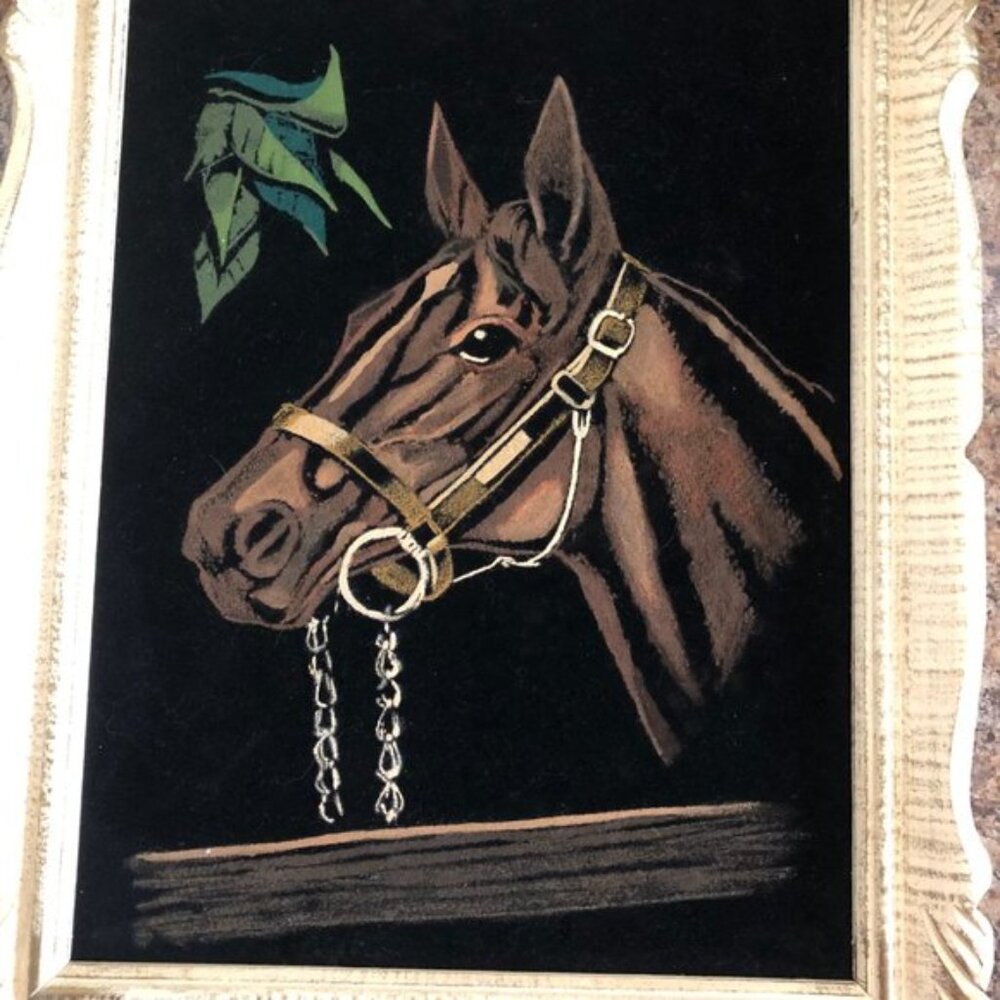 Horsehead painting on black velvet board carved wood frame wall hanging decor